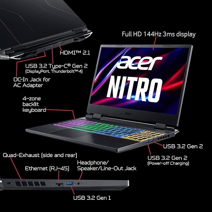 Acer Nitro 5 Gaming Laptop - Intel Core i7-12700H 12th Gen, 16GB RAM, 512GB SSD, 4GB RTX 3050 Nvidia Geforce UHD Graphics, 15.6" Screen